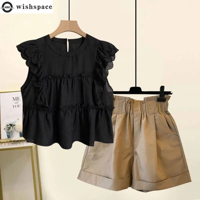 Summer New French Flying Sleeves Thin Shirt Top Women's Casual Versatile Shorts Elegant Women's Two Piece Set jkw for women s new square collar flying sleeves smocking half length slit dress suit