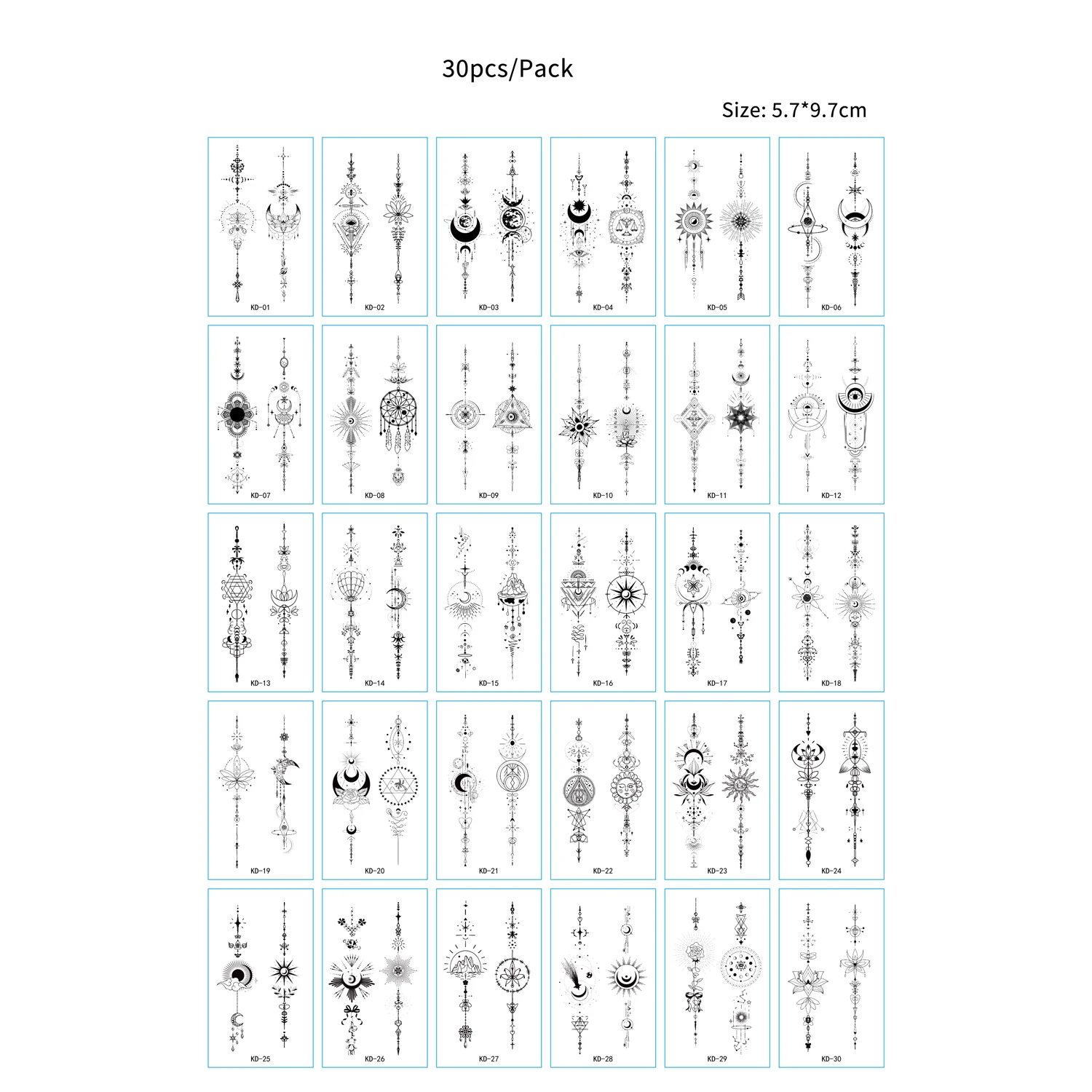 30pcs 여성을위한 작은 검은 손 문신 남자 달 꽃 가짜 손가락 문신 스티커 물 전송 문신