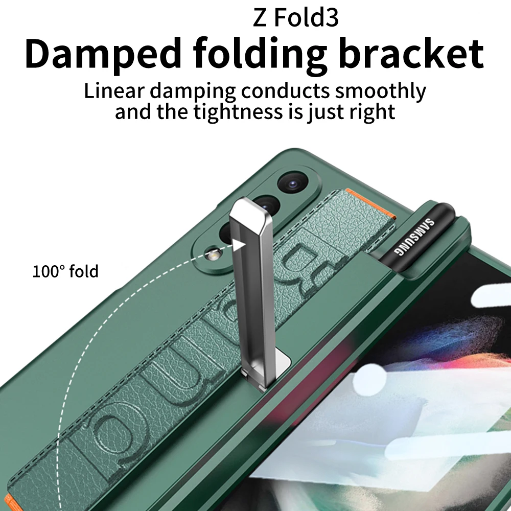 For Samsung Galaxy Z Fold 3 Fold3 Case Matte Wristband Magnetic Hinge Pen Holder Kickstand Shockproof Hard Back Case Accessories