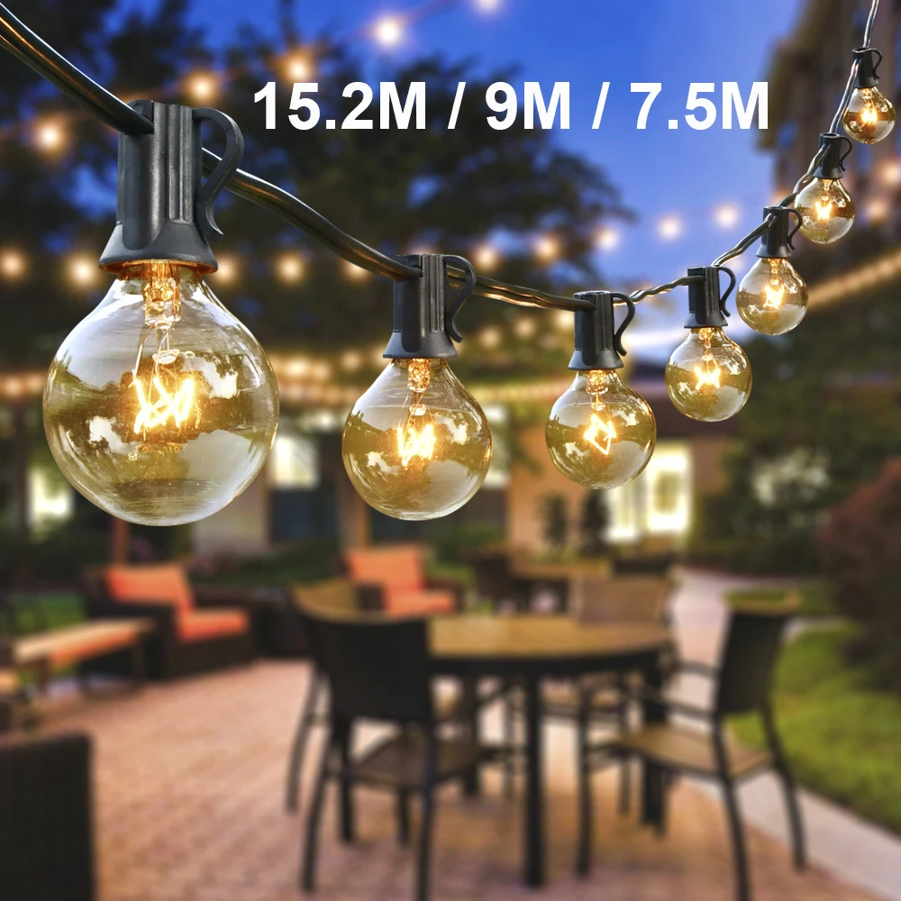 backyard string lights 7.5m 9m 15m Outdoor String Light Festoon Patio Light Warm White G40 E12 Bulbs Backyard Garden Garland Wedding Decoration Lights fairy light tree