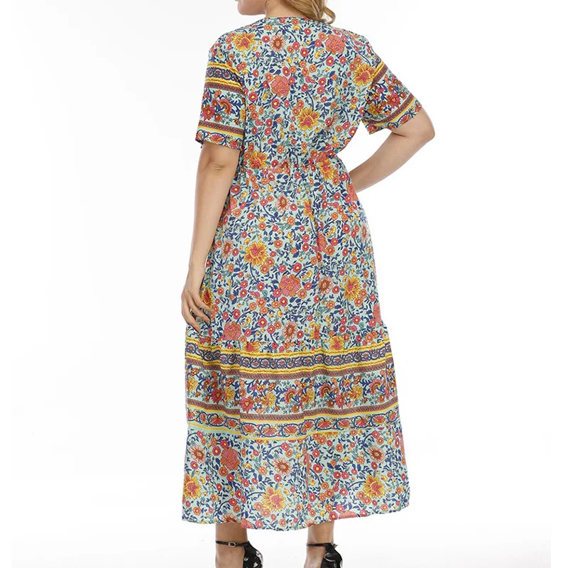 Bohemian V-Neck Design of Scattered Small Flower Sand Plants Print Elastic Wrinkle Lacing Short Sleeve Midi Plus Size Dresses