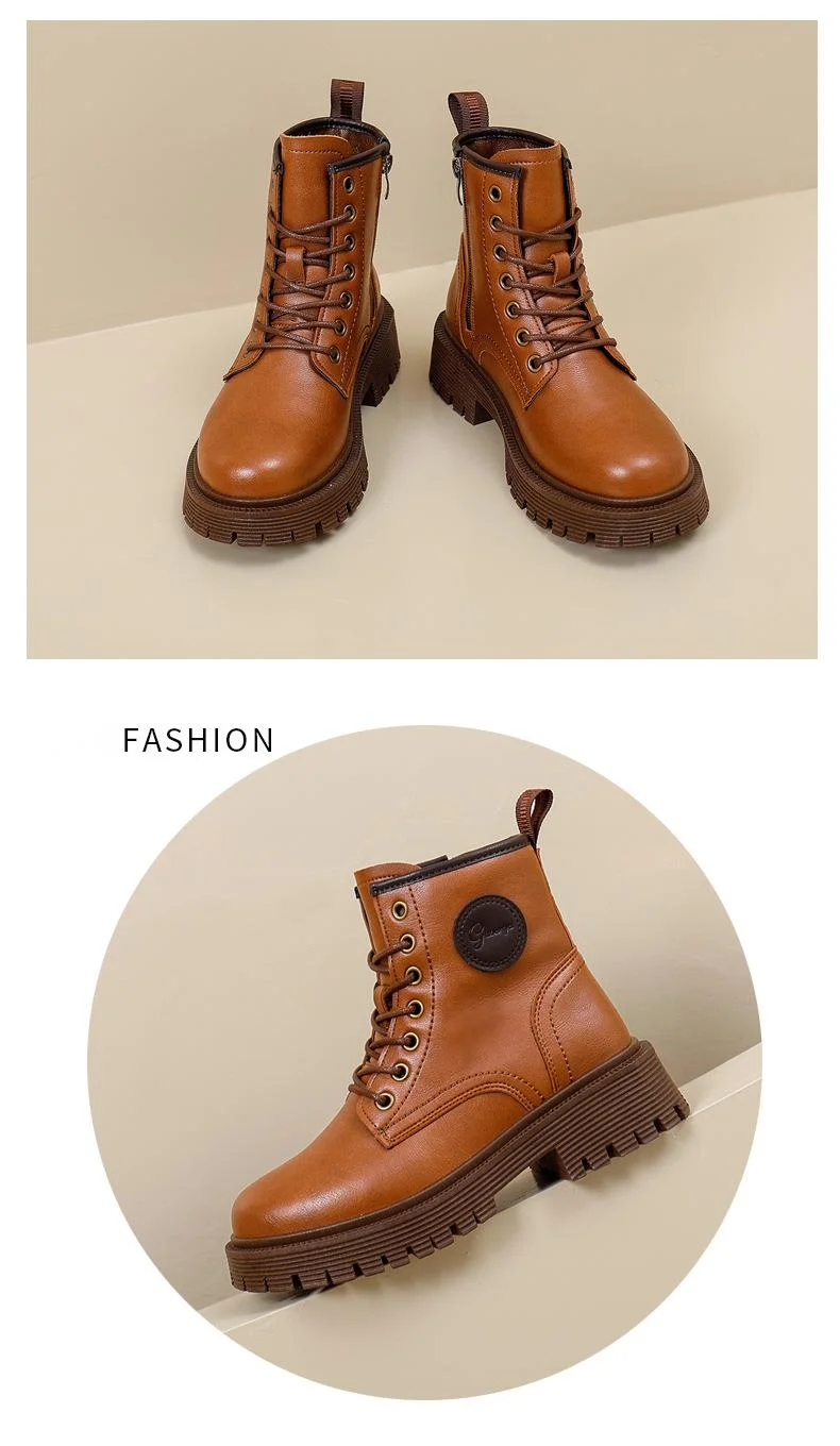 British Style Women's Leather Ankle Boots With Thick Sole_voghion.com