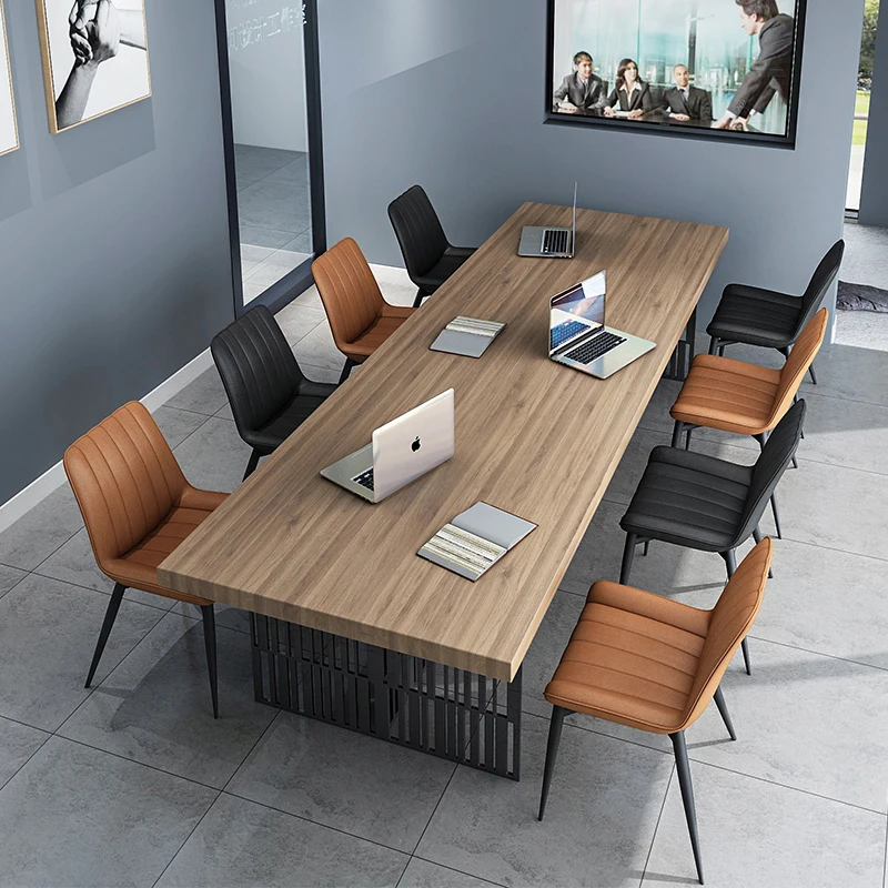 Solid wood office meeting table, long table, staff office desk and chair combination, simple and modern multi seat negotiation white staff desk chair combination simple modern 46 people staff computer screen table office furniture