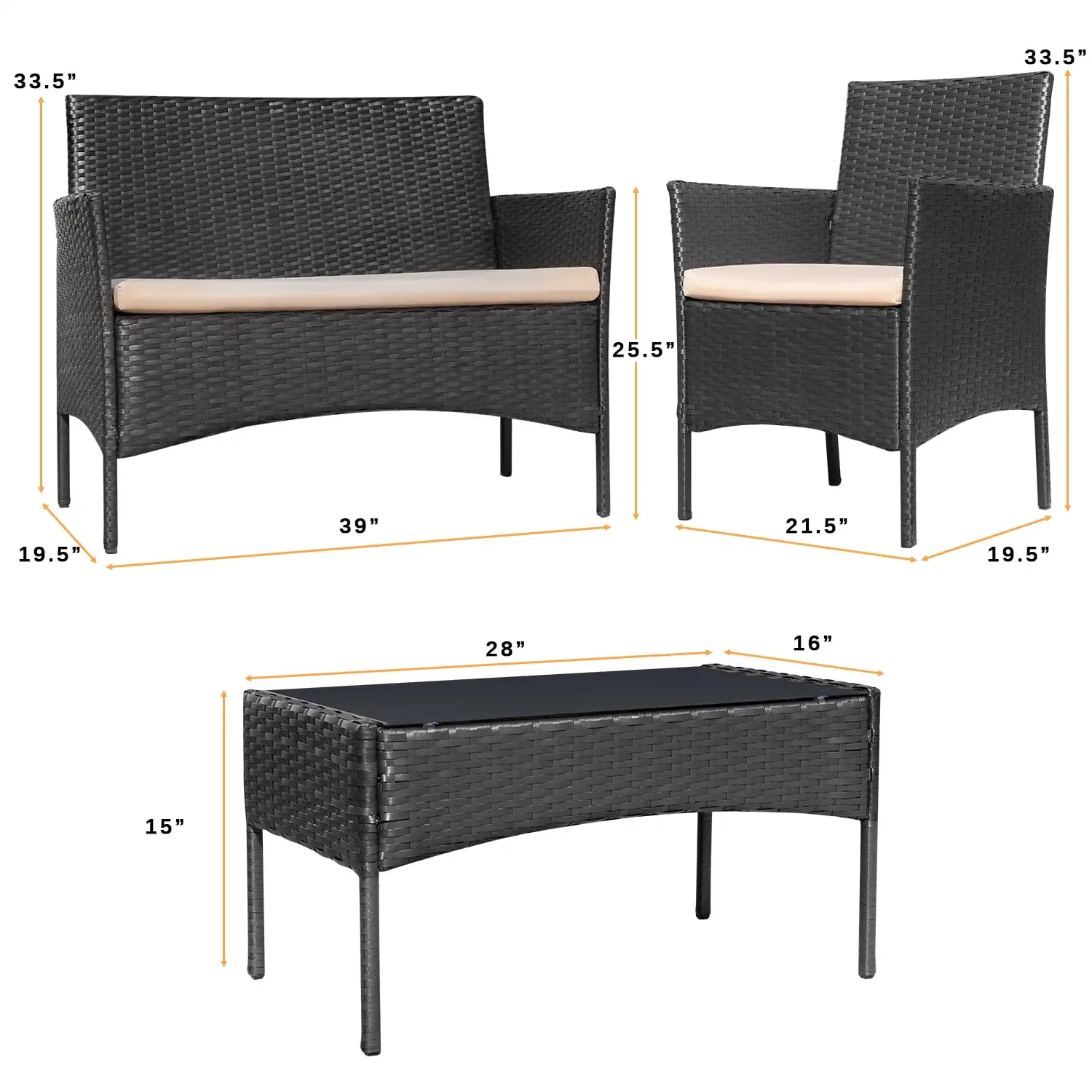4 Pieces Patio Furniture Set Rattan Outside Furniture Wicker Sofa Garden Conversation Sets with Soft Cushion and Glass Table for 3