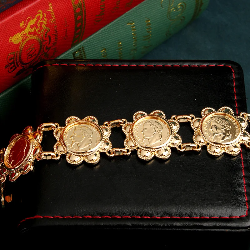 French Coin Gold Plated Napoleon Figure Commemorative Bangle Bracelet for Women bangle bracelet