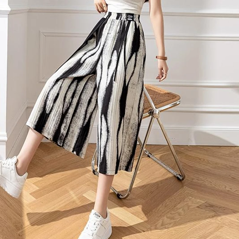 Vintage Tie Dyed Velvet Baggy Pants Women Summer New Fashion High Waist Elastic Loose Wide Leg Pants