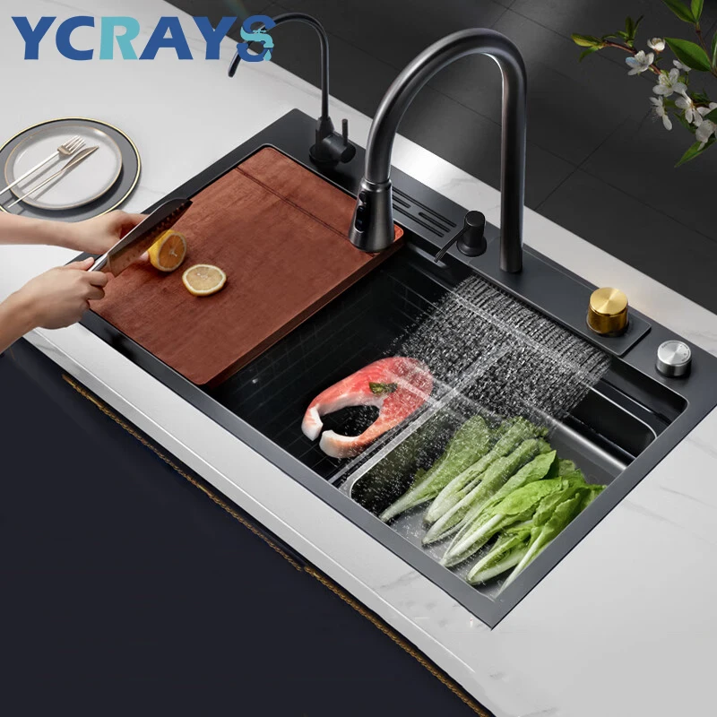 YCRAYS Nano Kitchen Sink With Knife Holder Black Waterfall Faucet Large Single Bowl Accessories Pure Tap Cup Wash Soap Dispenser 3