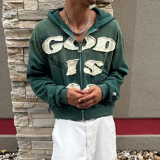 Y2K American New Trend Retro God is Good Casual Street Wear Zip-up Hoodie Men's and Women's Harajuku Hip-hop Gothic Street Wear