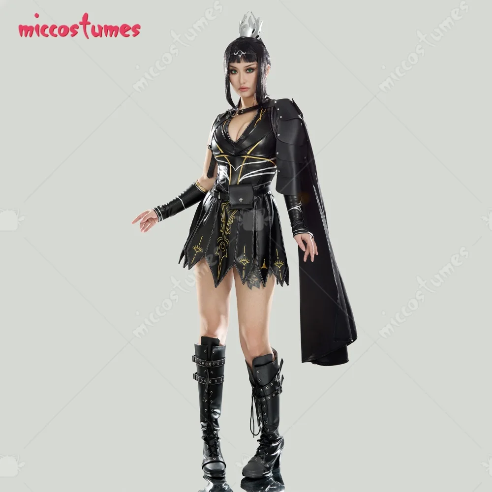 Damen Shadowheart Derivative Battle Suit Schwarzes Deep V Lederkleid mit Cape und Unterteilen Cosplay Kostüm 12