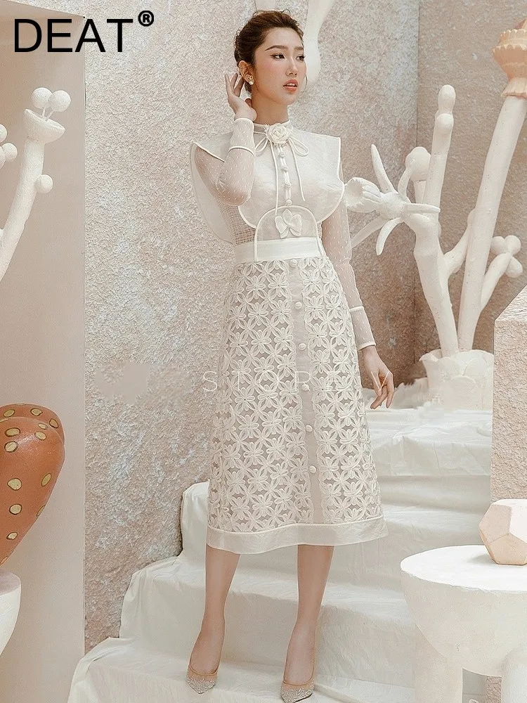 

DEAT Women's Fashion Dress O-neck Spliced 3D Flower Embroidery Patchwork Chiffon High Waist Dresses Spring 2024 New 13DB1372