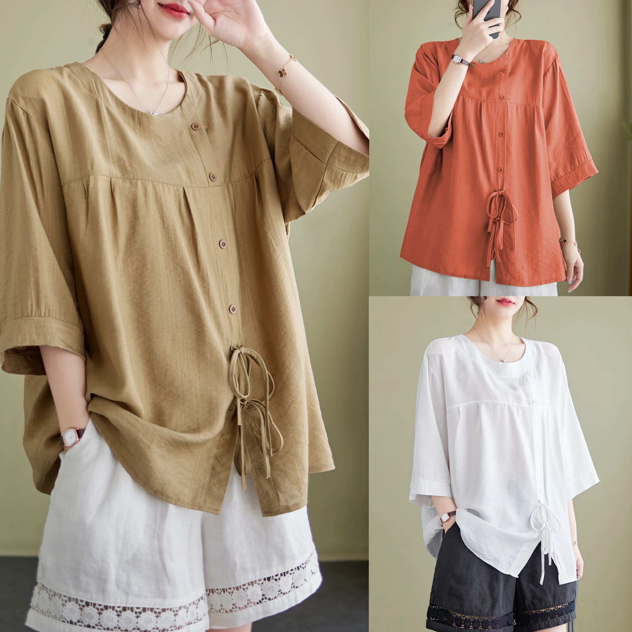 

2023 New Arrival Summer Women Loose Fit Casual O-neck Three Quarter Sleeve Blouse Single Breasted Cotton Linen Shirts V429