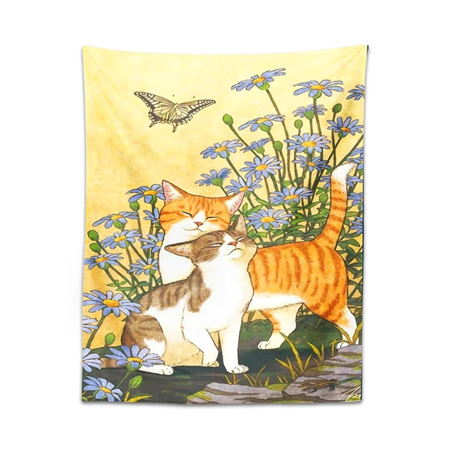 Aranyos Macska Gobelinfalfal Lógó Rajzfilm Pillangó Növény Virág Esztétikai Szoba Dekoráció Bohémia Természet Otthoni Hálószoba - Image 6