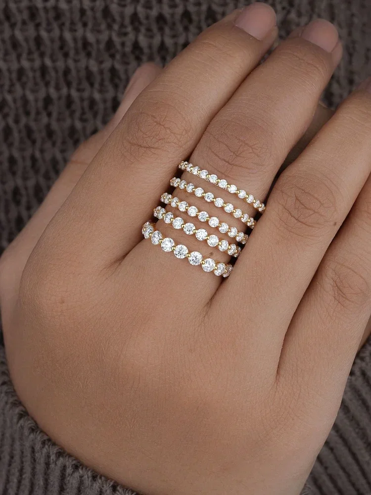 925 Sterling Silber Eleganter echter Moissanit-Diamant 2 mm glänzender runder Ring für Frauen, Party, luxuriöser, hochwertiger edler Schmuck – Detail 3