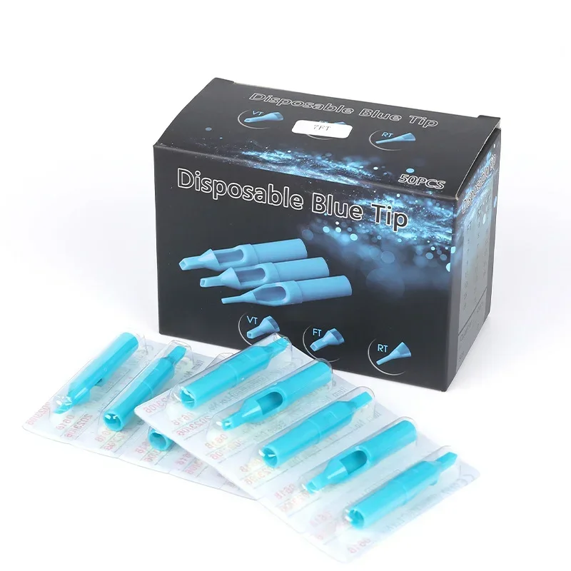 50pcs/box Disposable Sterilized Tattoo Machine Gun Nozzle Tips Plastics Needle Tube for Tattoo Machine Gun Needle Ink Cup Blue