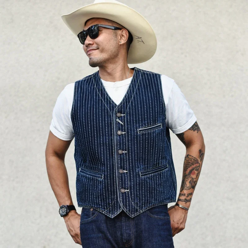 Sauce Zhan Men's Suit Vest Wabash Heart-shaped Vintage Blazer Vest Selvedge Denim Fabric Loose Fit 13.5 Oz 2
