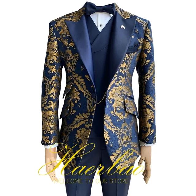 Blazer trois pièces bleu marine pour hommes, smoking de mariage pour marié, veste trempée, pantalon glacé, coupe couvertes, vêtements de fête formels 1