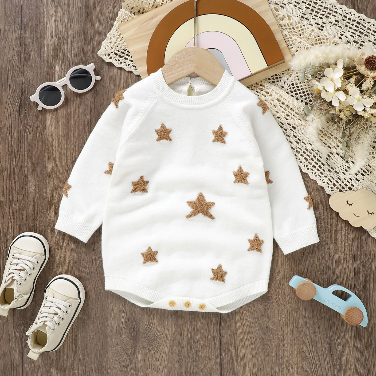 

Cute Baby Boys Girls Knit Sweater Rompers Stars Jacquard Crew Neck Long Sleeve Infant Knitwear Jumpsuits Winter Toddler Clothes