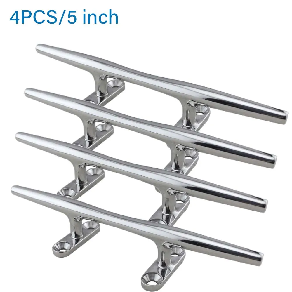 ALASTIN 4 Pcs 5inch Stainless Steel Boats Cleats Flat Deck Hollow Base Polished Hardware Marine Mooring Yacht Accessories Kayak stainless steel casting hinge flat hinge cabinet doors for windows 4 6 holes cast strap deck hinge for boat hardware