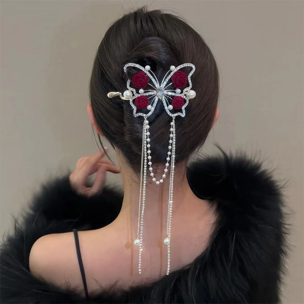 Tassel Rose Hairpin Women's Back of The Head Plate Hair Clip Headdress Temperament Twisting Clip Hairpin Hair Accessories