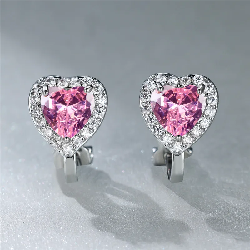 Vintage Black Stone Clip Earrings Pink Crystal White Zircon Love Heart Earrings For Women Dainty Silver Color Birthstone Jewelry