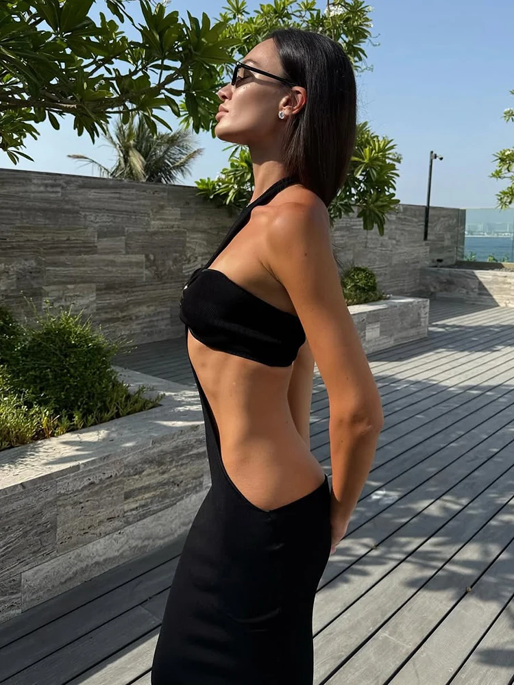 Nibber Hottie 2-Piece Set Women Chest Wrapped Top+Halter Backless Peach Hip High Split Dress Sexy Matching Dating Slim Clubwear