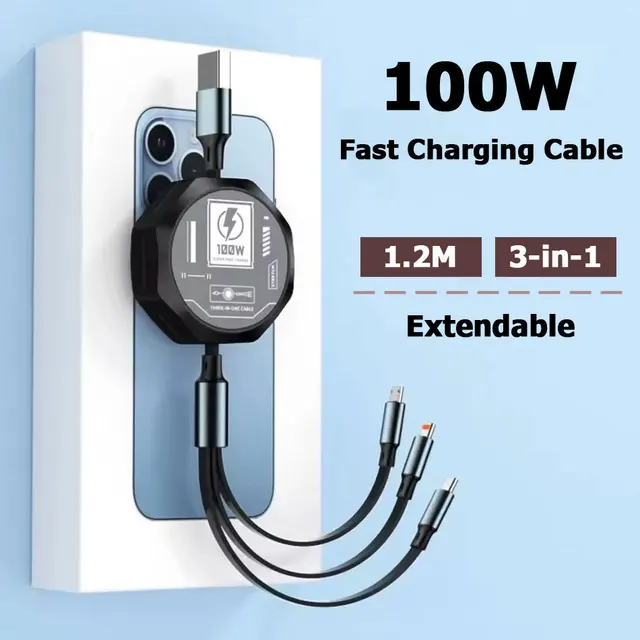 Extendable 3 In 1 Fast Charging Cable 100W For Xiaomi iPhone Micro USB Type C Charger Cable Cord Multiple Usb C Charging Wire 1
