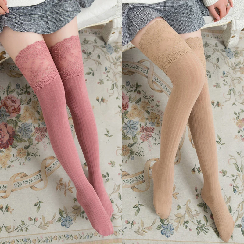 Women Cotton Lace Stockings Warm Thigh High Over The Knee Socks Ladies Winter Solid Color Sexy Long Socks For JK Dress Clothes