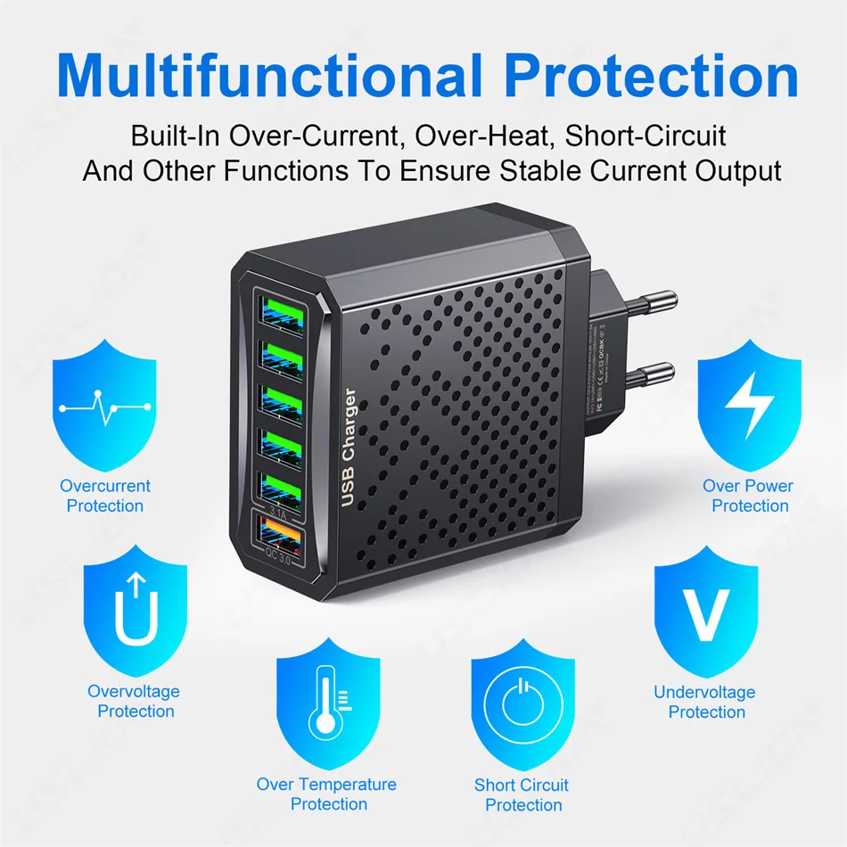 USLION 6 In 1 USB Charger Quick Charge 3.0 EU Plug For Phone Adapter For iPhone 14 11 12 Tablet Portable Wall Mobile Charger