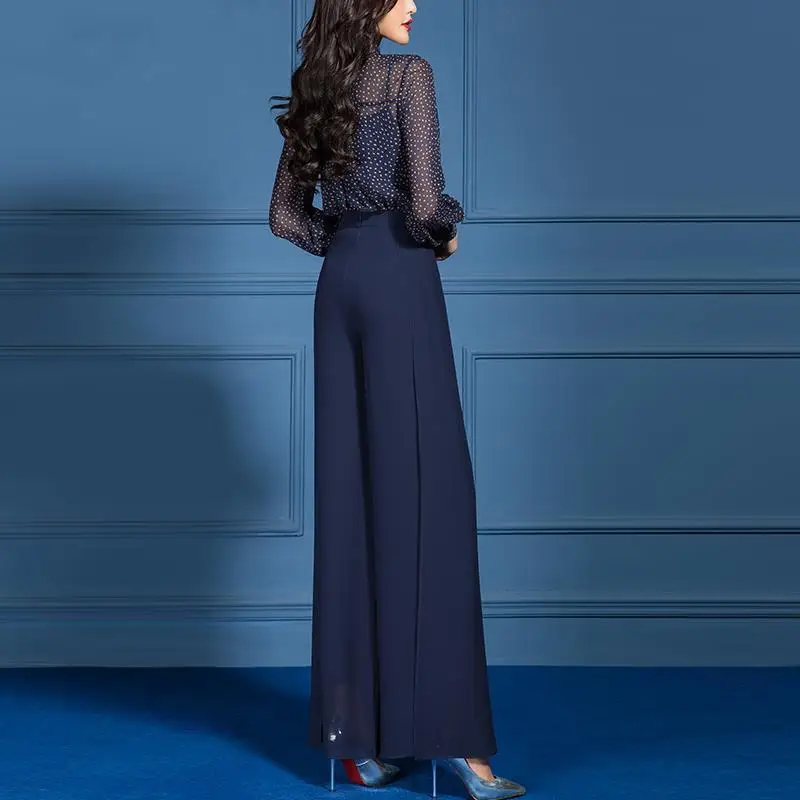 Fashion Set Women's Spring/Summer 2023 New Age Reducing and Slimming Style Goddess Fan Chiffon Wide Leg Pants Two Piece Set