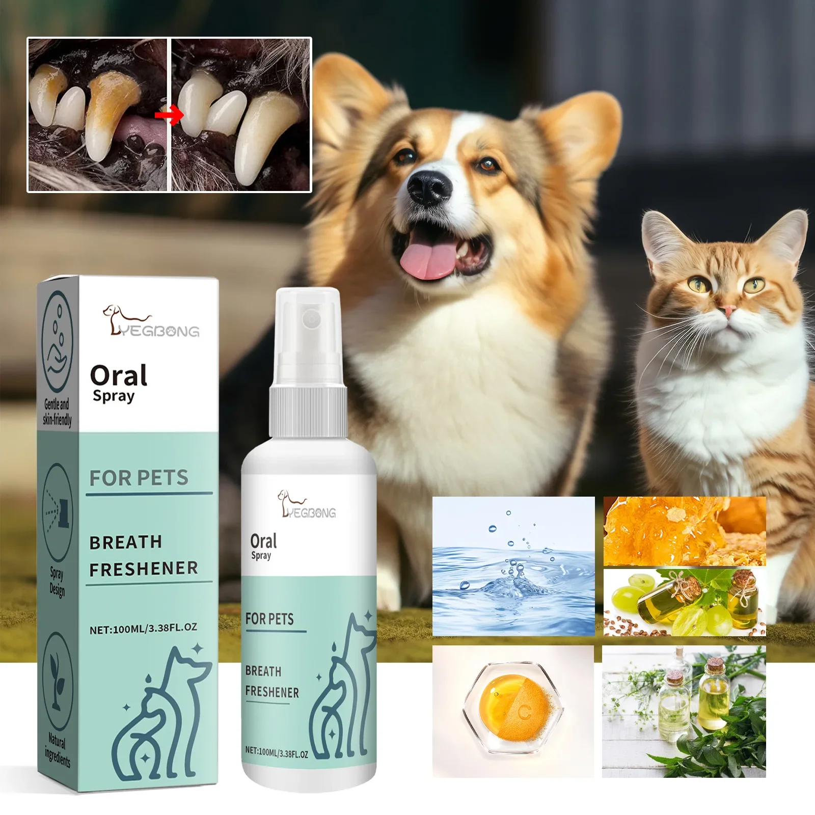 Yegbong Pet Mint Fresh Breath Spray, Cleansing Dog Mouth Odor Fresh Breath Care