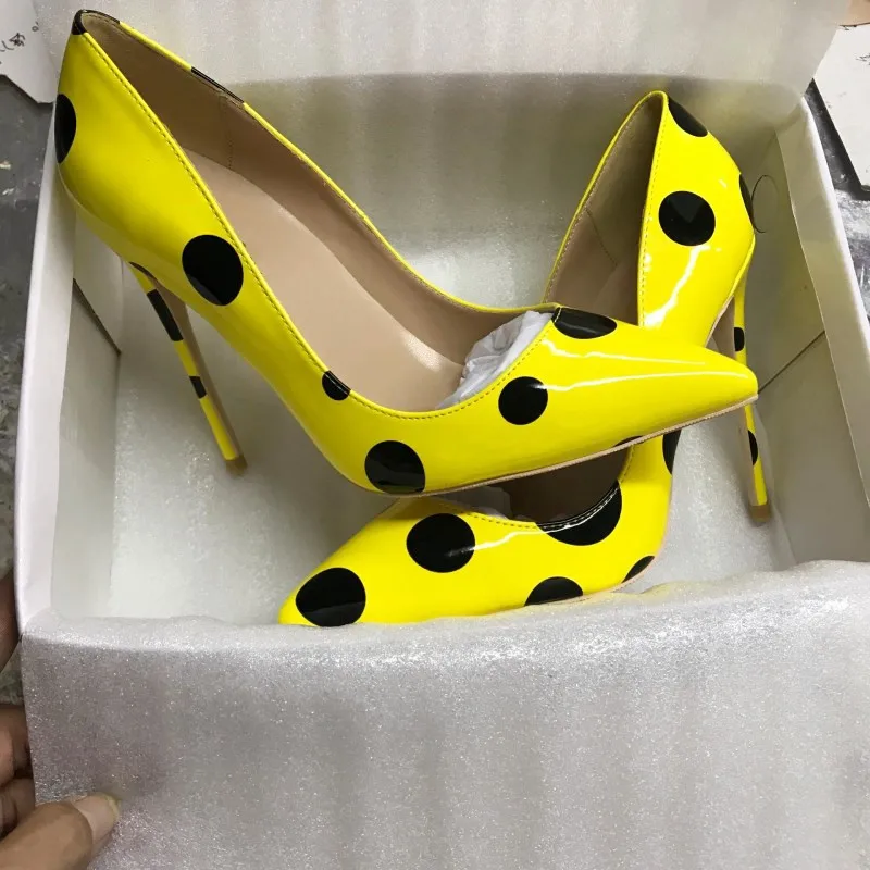 12cm black polka dots female yellow stilettos high heels ladies