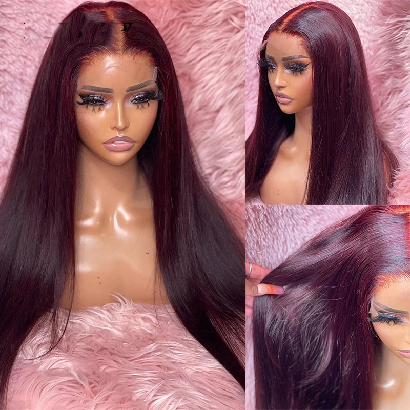 

Preplucked Soft 180%Density 26Inch Burgundy Silky Straight Long Natural Hairline Glueless Lace Front Wig For Women Babyhair