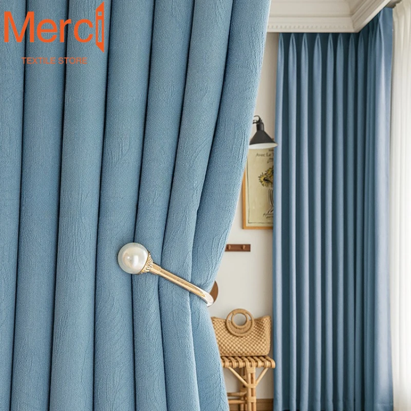 

Chenille Thickened Curtains for Living Dining Room Bedroom New Style Light Luxury Modern Simple High-end Blue Fresh Custom