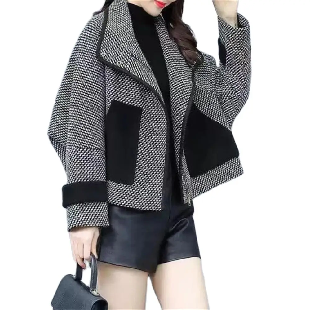 

Woolen Coat Women Spring Autumn 2024 Casual All-Match Houndstooth Jackets Woolen Short Outerwear Korean Clothing Tops Women