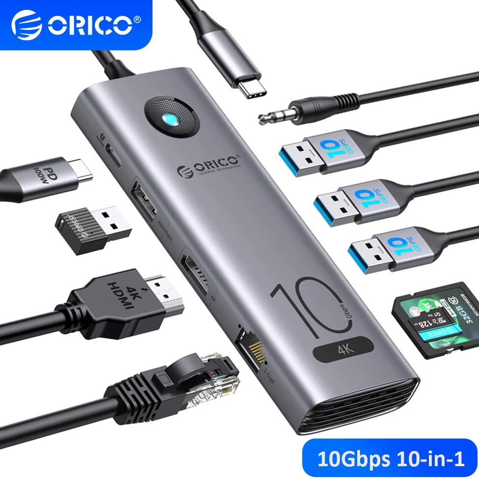 ORICO 10-in-1 USB 3.2 Hub Docking Station 10Gbps Type C Splitter PD100W ...
