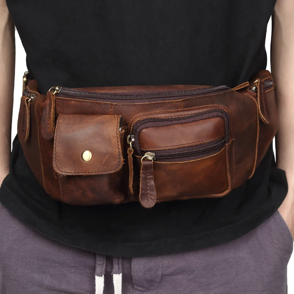 Men's Large Capacity Slant Crossbody Bag Genuine Leather Belt Pouch Vintage Bull Horn Multifunctional Chest Bag