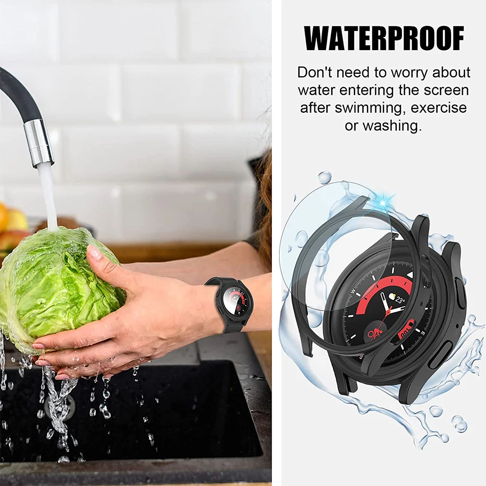 Premium Waterproof PC Cover with Tempered Glass Protector for Samsung Galaxy Watch 6 and Classic