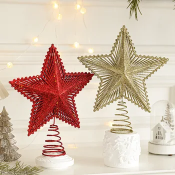 25CM Red Gold Glitter Star Christmas Decoration Xmas Tree Topper for Home Decor Ornaments Navidad New Year 2025 Gifts Accessory