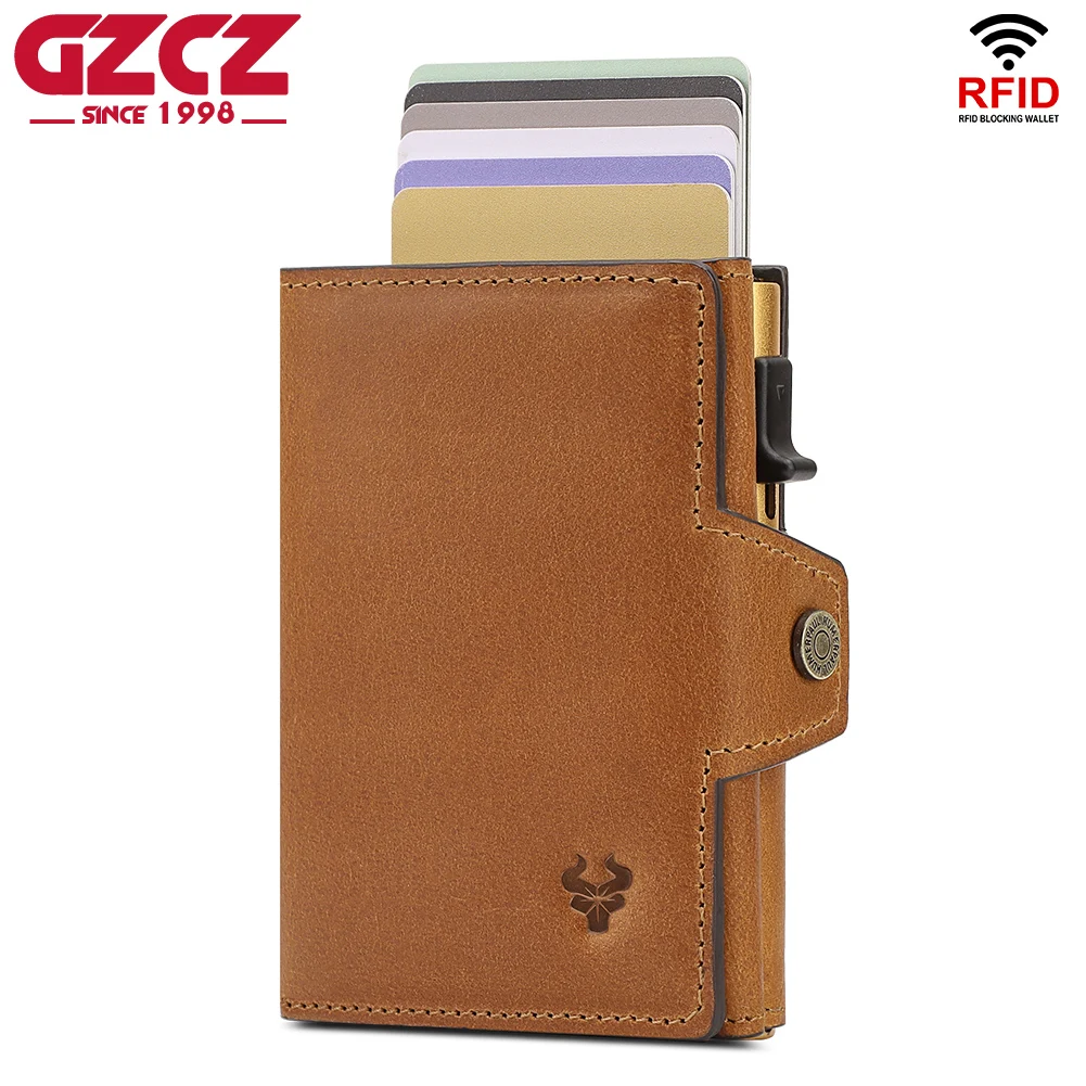 

RFID Credit Card Holder Genuine Leather Wallet for Men with Zip Coin Pocket Aluminium Cardholder Case with Banknote Compartment