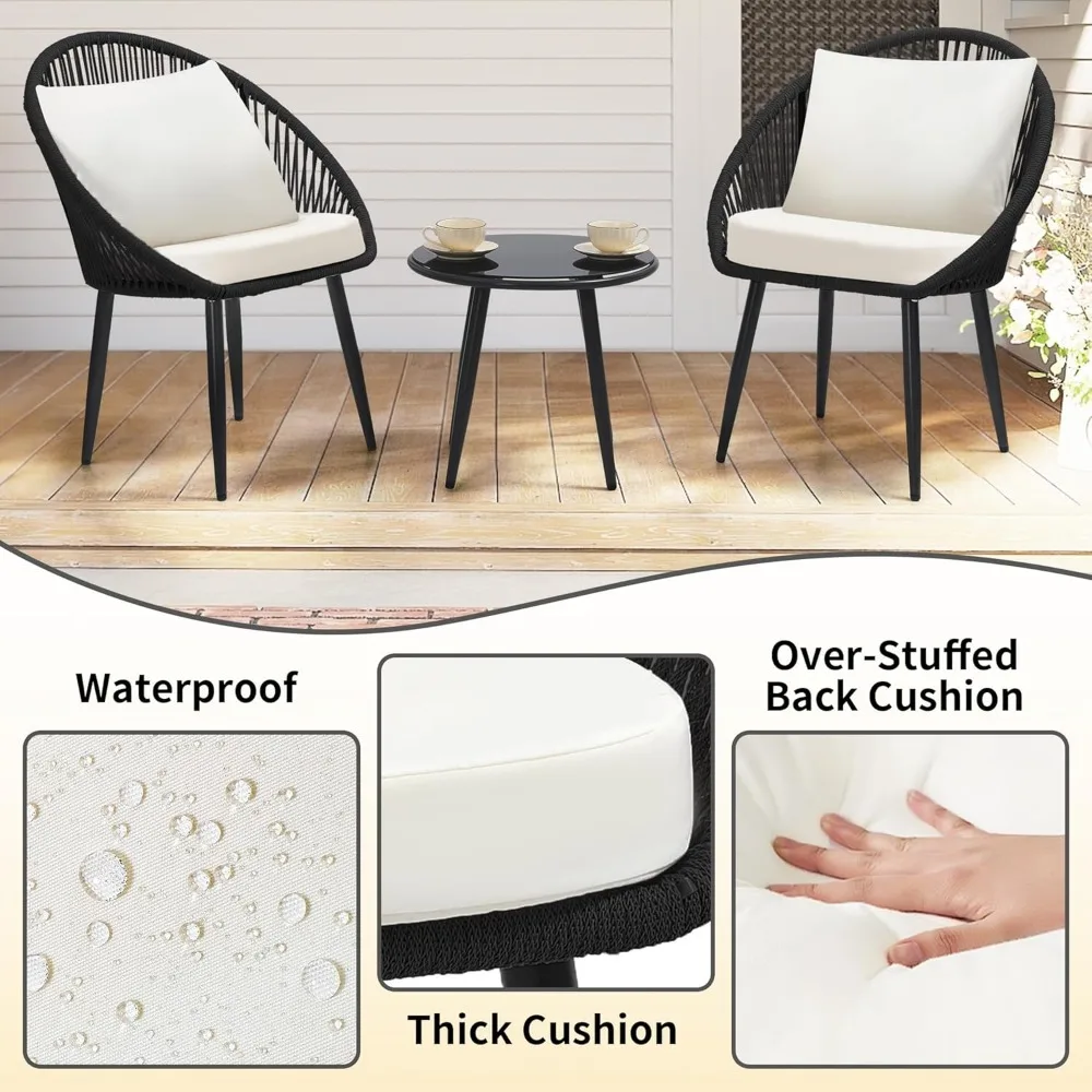 All-Weather Woven Rope Chair Bistro Set with Cushions and Side Table for Outdoor Decks and Balconies