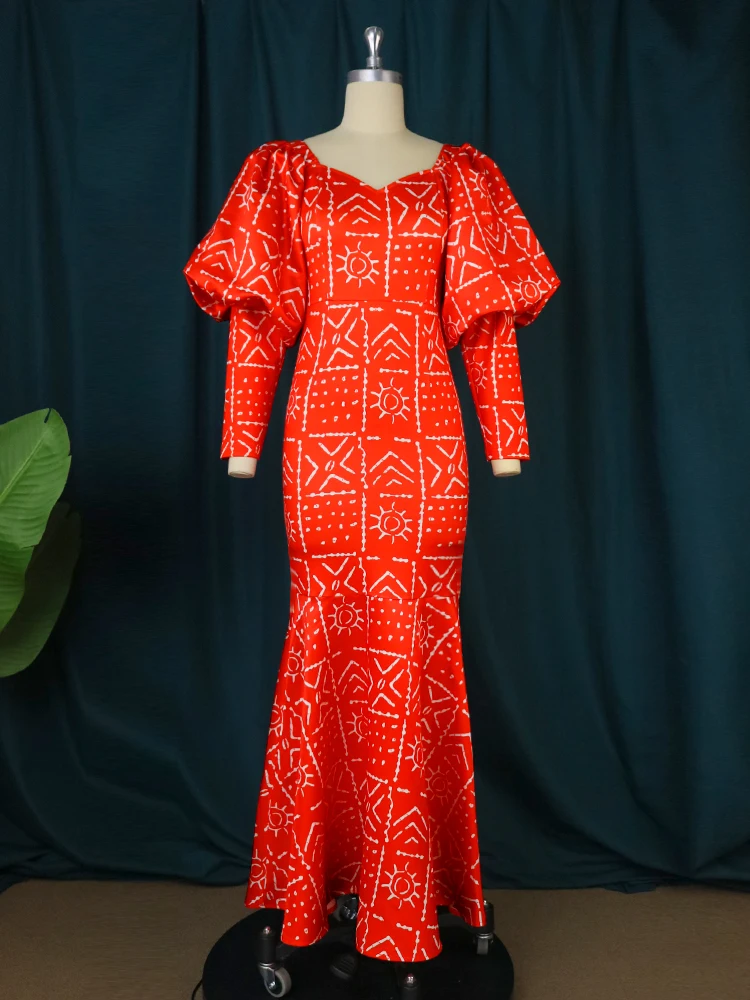 Red Printed Dresses for Women Plus Size 4XL Long Lantern Sleeve Package Hip Mermaid Long Prom Evening Birthday Event Party Gowns