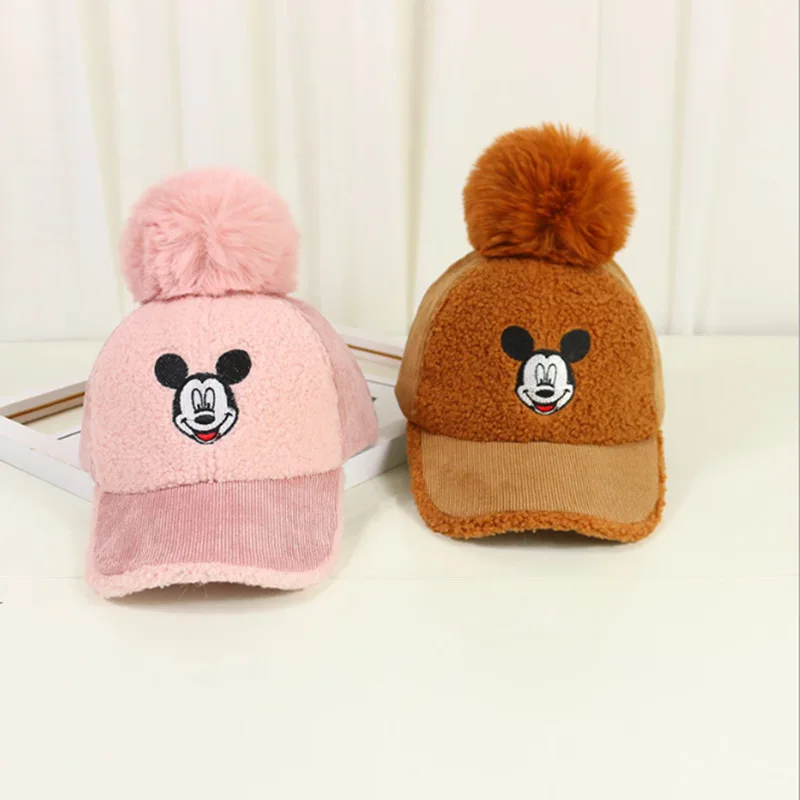 귀여운 미키 마우스 양모 캐시미어 모자 남녀 공용, 어린이 야구 모자, 가을 겨울 모자, 2-7 세