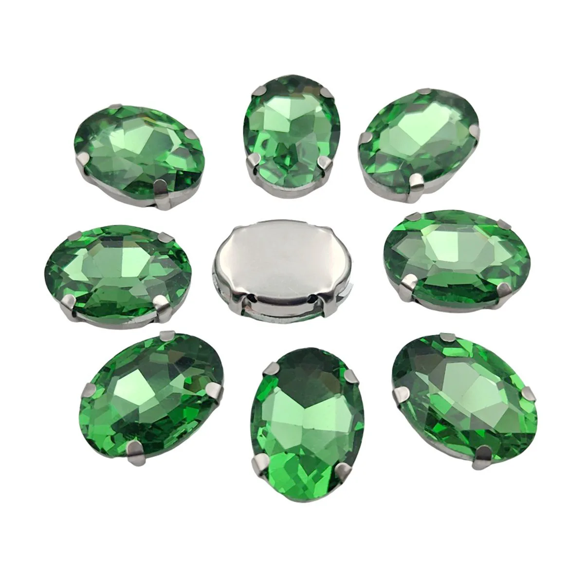 Oval Glass Rhinestones with Claw Setting on Silver Metal Base