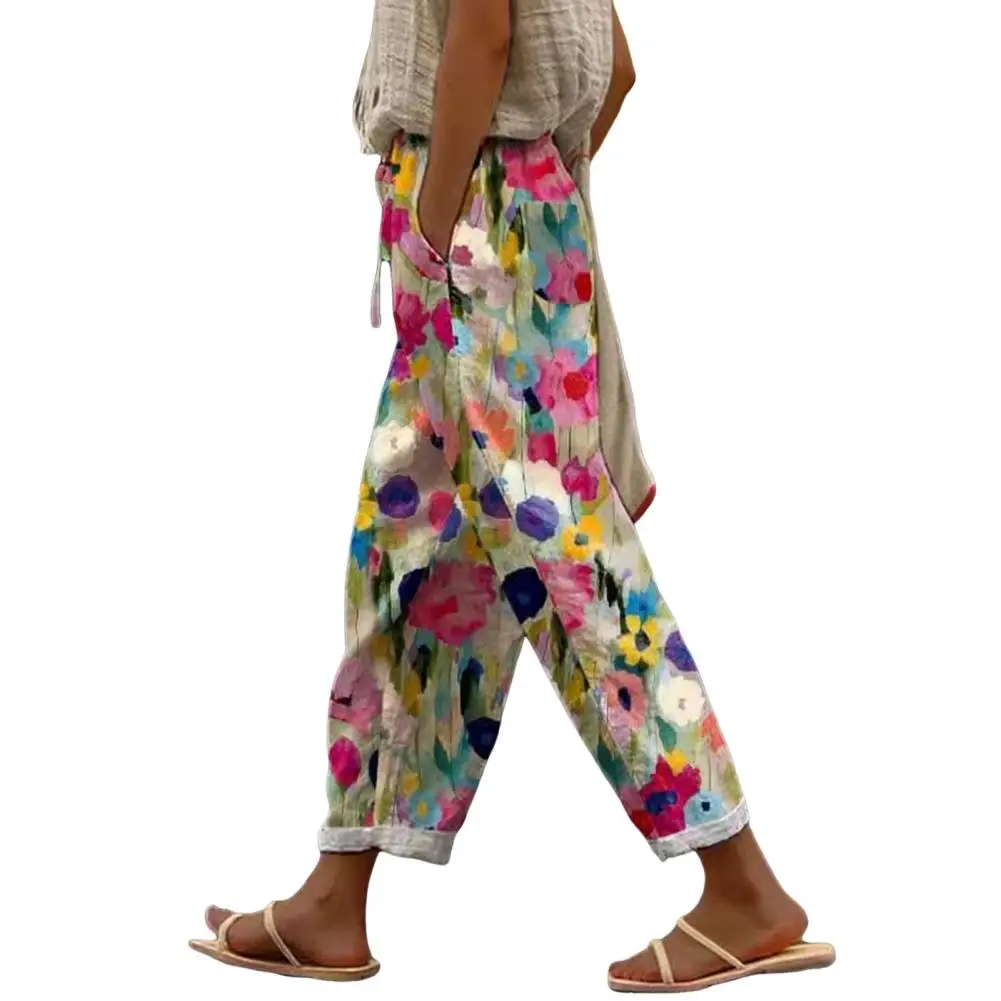 Women Casual Pants Elastic Waist Drawstring Harem Pants Digital Floral Print Beach Office Shopping Daily Long Trousers