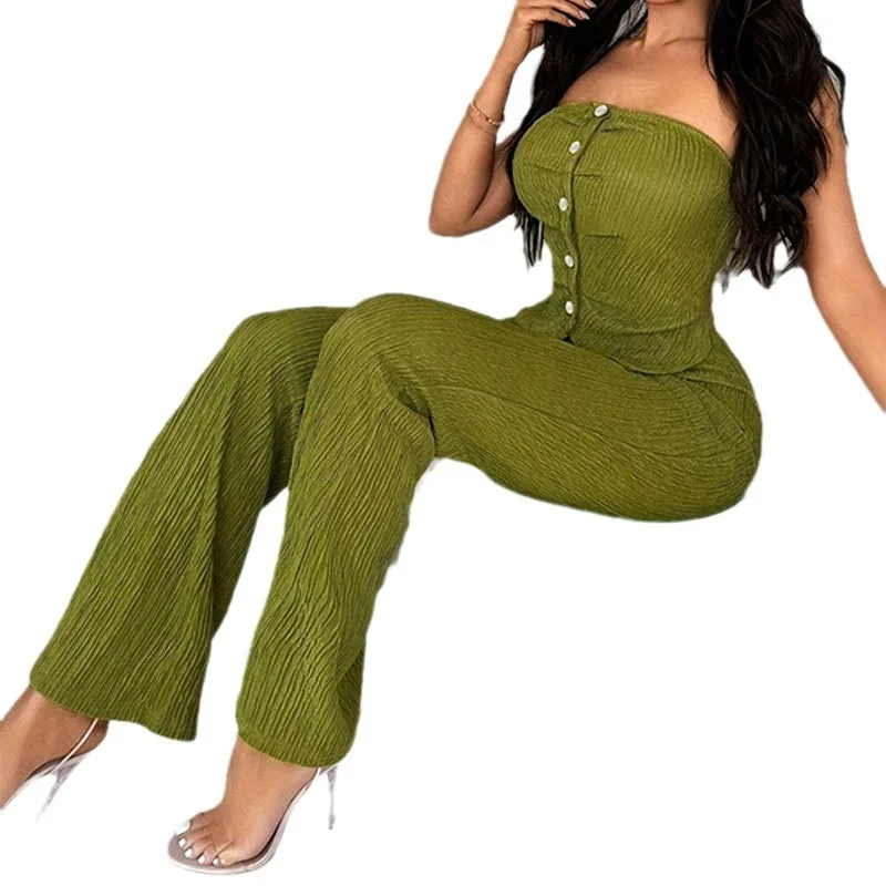 Women Wide Leg Flare Pant Suits with Strapless Cropped Tops