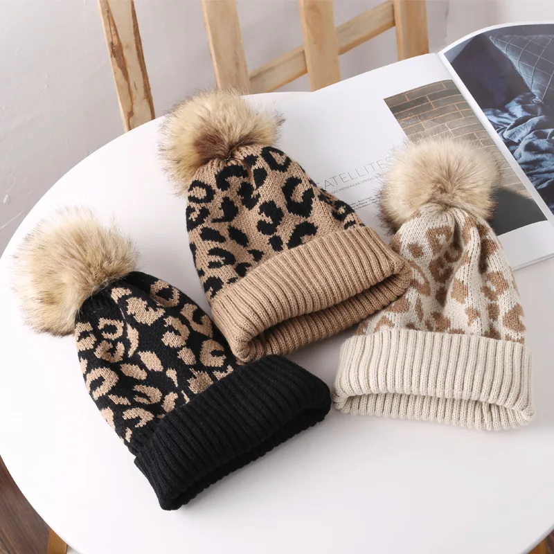 Bonnet Tricoté d'hiver pour Femmes Imprimé léopard Bonnet de Ski Bonnet