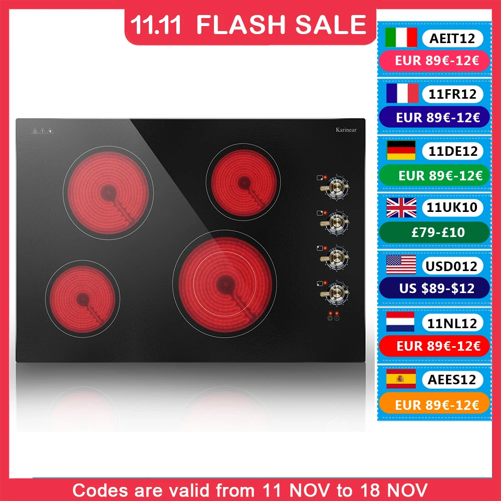 Karinear Electric Ceramic Cooktop 30 Inch, 4 Burners, Knob Control Built-in, 6700W, 220~240V Hard Wire(Gold Knob)