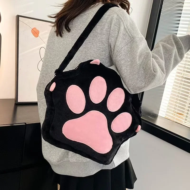 Cute Cat Paw Plush Backpack with Adjustable Straps Soft Furry Purse JK Girls Bag Cartoon Backpack for Women Girls