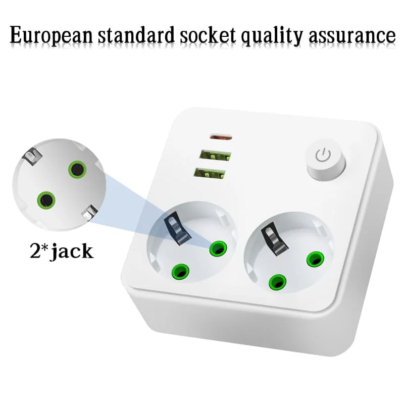 Power Strip EU Plug Outlet 2 Sockets Multitap Wall No Extension Cord with 2 USB 1 Type-C Ports 2500W MAX