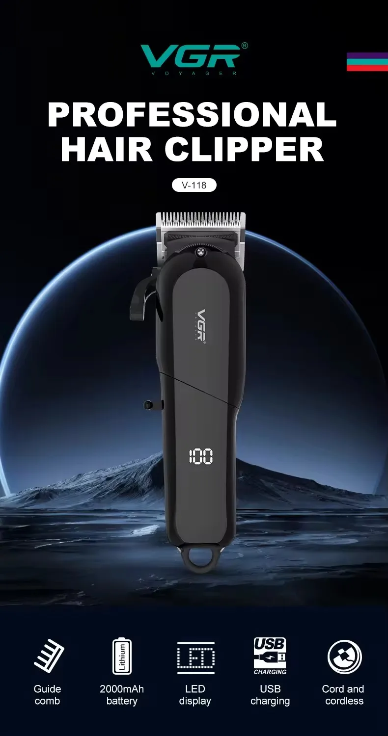 Description Picture 3 of itemVGR Hair Trimmer Professional Electric LED Display Hair Cutting Machine Cordless Rechargeable Barber Hair Trimmer for Men V-118